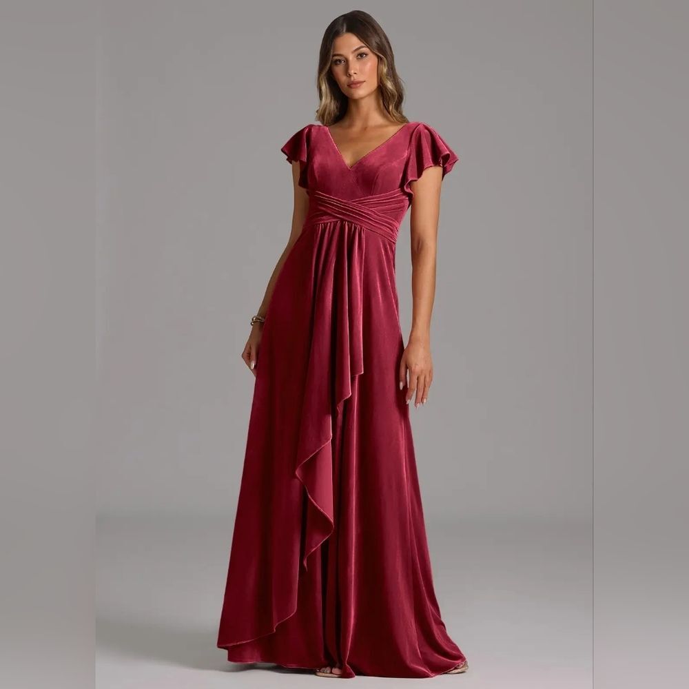 Azazie "Omari" Burgundy Maxi Dress with Criss-Cross Empire Waist Size Small